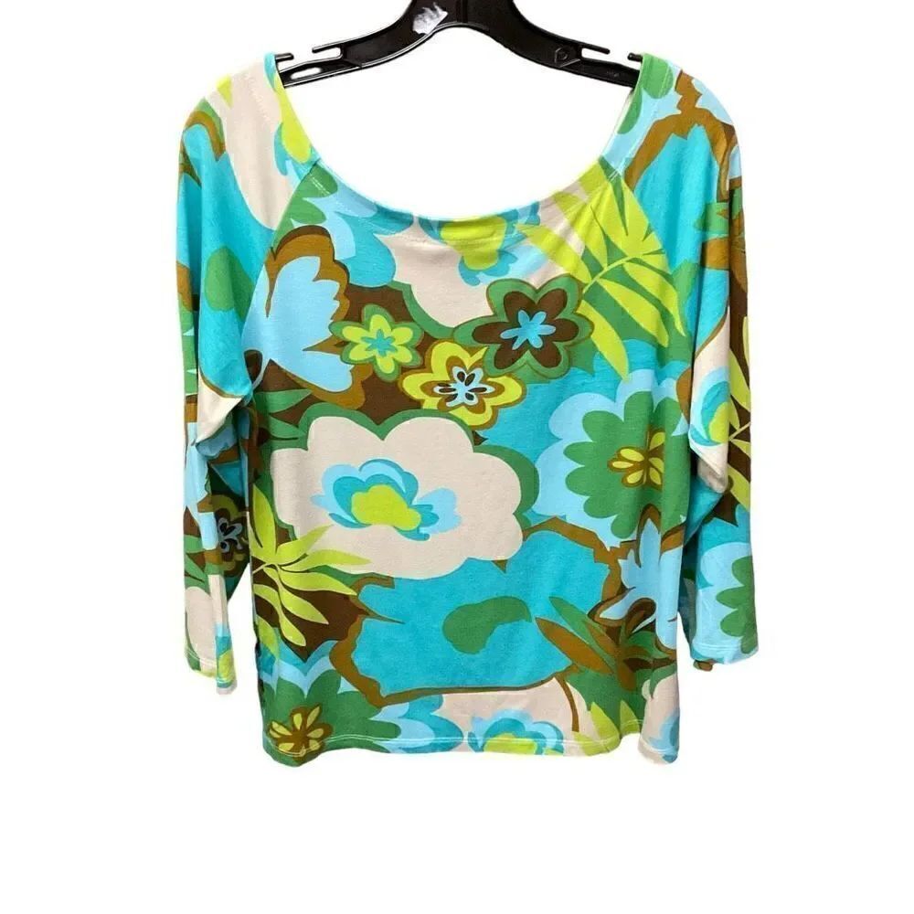 Judy Lee Cole Top Scoop Neck Tropical Aqua Green Yellow White Floral Print XL - Picture 2 of 9